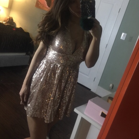 Rose gold sequin halter babydoll skater dress - Picture 2 of 5